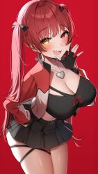 Rule 34 | 1girl, absurdres, ass, black gloves, black shirt, black skirt, blush, breasts, cleavage, collarbone, cowboy shot, crop top, earrings, gawawawa, gloves, heart, heart earrings, heart pendant, hetero, highres, hololive, houshou marine, iii (hololive), jacket, jewelry, large breasts, looking at viewer, midriff, miniskirt, multicolored jacket, pleated skirt, red background, red eyes, red hair, red jacket, shirt, simple background, skindentation, skirt, solo, strapless, tube top, two-tone jacket, virtual youtuber, white jacket, yellow eyes