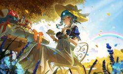 1girl akuma_nihmune bag bao_(vtuber) blue_dress blue_hair blue_sky blurry brown_bag cake chair choker depth_of_field double-parted_bangs dress eating floating_hair flower food fork frilled_wrist_cuffs frills handbag hat hat_ribbon high-waist_skirt highres holding holding_fork holding_plate indie_virtual_youtuber outdoors pestonini plate puffy_short_sleeves puffy_sleeves rainbow red_eyes ribbon see-through_clothes see-through_skirt short_sleeves shylily sidelocks sitting skirt sky straw_hat table white_choker white_skirt wind wrist_cuffs xiisalt