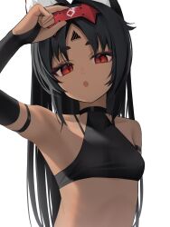 1girl absurdres animal_ears black_hair breasts bridal_gauntlets cat_ears cat_girl commentary dark-skinned_female dark_skin highres long_hair looking_at_viewer nekomiya_mana open_mouth simple_background small_breasts solo thomas_8000 upper_body white_background zenless_zone_zero