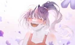 Rule 34 | 1girl, :d, ^ ^, absurdres, brown hair, closed eyes, collarbone, commentary request, flower, highres, korean commentary, kumazaki karen, long hair, open mouth, ponytail, portrait, purple background, purple flower, red tank top, saibou shinkyoku, shoulder blush, smile, solo, tank top, v-shaped eyebrows, violet (flower), yull gok