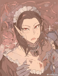 1boy :3 baldur&#039;s_gate baldur&#039;s_gate_3 bell black_hair blood blush cazador_szarr crossdressing crossdressing_(mtf) dungeons_&amp;_dragons dungeons_&amp;_dragons earrings fangs hair_slicked_back highres holding_tooth jewelry maid maid_headdress male_focus medium_hair monolids neck_bell pale_color red_eyes ribbon smile solo tooth vampire vihua6