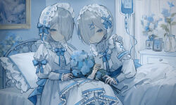Rule 34 | 2girls, blue bow, blue eyes, blue flower, blue theme, bonnet, bouquet, bow, dress, expressionless, flower, frilled hairband, frills, grey hair, hair ornament, hairband, hairclip, highres, intravenous drip, mizuiro abokado, multiple girls, on bed, original, painting (object), ribbon trim, vase, white dress