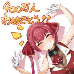 1girl ascot berotore black_choker blush breasts choker cleavage closed_eyes closed_mouth commentary_request frilled_choker frills gloves hair_ribbon highres hololive houshou_marine houshou_marine_(1st_costume) jacket large_breasts leotard leotard_under_clothes long_hair red_ascot red_hair red_jacket red_ribbon ribbon sleeveless sleeveless_jacket smile solo twintails virtual_youtuber white_gloves
