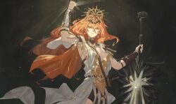 1girl absurdres arm_guards armor armored_dress augusta_(wuthering_waves) black_collar black_shorts breastplate breasts closed_mouth collar dress earrings floating_earrings greatsword hand_up headgear highres holding holding_sword holding_weapon jewelry liro long_hair pelvic_curtain red_eyes red_hair shorts solo sword weapon white_dress wuthering_waves
