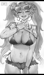 Rule 34 | 1girl, absurdres, bead necklace, beads, bikini, bikini under clothes, bikini under shorts, blush, bracelet, brazilian flag, brazilian miku, breasts, cleavage, clothes lift, earrings, eyewear on head, flower, glasses, greyscale, hair between eyes, hair flower, hair ornament, hatsune miku, highleg, highleg bikini, highres, hoop earrings, jewelry, large breasts, lifting own clothes, long hair, looking at viewer, micro shorts, monochrome, multiple bracelets, navel, necklace, niwarhythm, open mouth, shirt lift, short shorts, short sleeves, shorts, smile, solo, stomach, swimsuit, thighs, twintails, vocaloid, wide hips