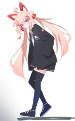 1girl ahoge alternate_costume animal_ears black_jacket black_shoes black_skirt black_thighhighs blonde_hair from_side full_body hair_between_eyes hair_ornament hair_ribbon hairclip hand_in_pocket hands_in_pockets highres jacket long_hair long_sleeves looking_at_viewer open_clothes original pink_hair pleated_skirt purple_eyes ribbon satoh_vrc shadow shirt shoes simple_background skirt sneakers solo star_(symbol) thighhighs twintails very_long_hair vrchat walking white_background white_shirt x_hair_ornament zettai_ryouiki