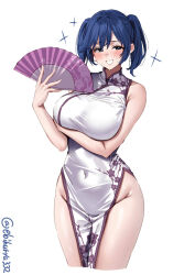 1girl arm_under_breasts artist_name blue_eyes blue_hair blush breasts china_dress chinese_clothes commentary_request covered_navel cropped_legs dress ebifurya floral_print folding_fan groin hand_fan highres holding holding_fan kantai_collection large_breasts looking_at_viewer medium_hair one-hour_drawing_challenge pelvic_curtain sidelocks simple_background sleeveless sleeveless_dress smile solo souryuu_(kancolle) sweat thighs twintails twitter_username white_background white_dress