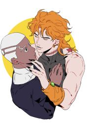 2boys birthmark black_eyes black_nails black_tank_top blonde_hair cassock closed_eyes dark-skinned_male dark_skin dio_brando ear_birthmark earrings enrico_pucci fingernails flat_color hand_on_another&#039;s_chest hand_on_another&#039;s_face highres hoop_earrings jewelry joestar_birthmark jojo_no_kimyou_na_bouken lighthouse_(lt_yummy) long_fingernails long_hair male_focus medium_hair multiple_boys muscular muscular_male priest short_hair stone_ocean tank_top tight_top very_short_hair white_background white_hair yaoi yellow_background