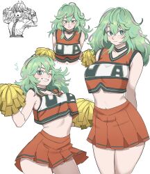 artist_name blush boku_no_hero_academia cheerleader closed_mouth commentary crop_top dashi_(dashiart) english_commentary gloves green_eyes green_hair hagakure_toru highres holding holding_pom_poms long_hair looking_at_viewer messy_hair midriff multiple_views navel orange_shirt orange_skirt parted_lips pom_pom_(cheerleading) pom_poms reference_inset shirt simple_background skirt sleeveless smile u.a._cheerleader_uniform white_background