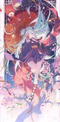 1girl absurdres brown_sandals cherry_blossoms fireworks flat_chest floating_hair full_body gladiator_sandals green_hair highres holding holding_ofuda holding_umbrella japanese_clothes kimono lantern long_hair looking_at_viewer murasame_(senren) oil-paper_umbrella paper_lantern red_eyes sandals senren_banka smile solo tassel umbrella umehara_sei