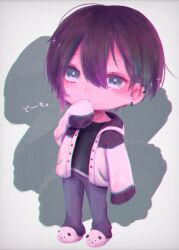 1boy black_shirt chibi chibi_only covering_own_mouth earrings full_body hair_between_eyes jacket jewelry male_focus mayuzumi_kai mi_oxo_9m multiple_earrings nijisanji pants shirt short_hair sleeves_past_fingers sleeves_past_wrists slippers solo virtual_youtuber white_jacket