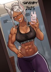 1girl 2025 abs animal_ears artist_name bare_shoulders black_sports_bra boku_no_hero_academia breasts cellphone cleavage clothes_writing collarbone commentary commission contrapposto dark-skinned_female dark_skin english_commentary english_text hair_bun hand_on_own_hip highres holding holding_phone large_breasts locker locker_room long_eyelashes long_hair looking_at_viewer mirko mirror mirror_selfie muscular muscular_female navel pants parted_bangs phone purple_pants rabbit_ears rabbit_girl rabbit_tail reflection selfie single_hair_bun sinpadart smartphone smile solo sports_bra stomach sweat sweaty_clothes tail teeth thick_thighs thigh_gap thighs tight_clothes tight_pants tongue tongue_out typo upper_teeth_only white_hair yoga_pants