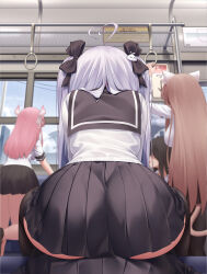 5girls absurdres ahoge animal_ears ass ass_focus black_hair black_pantyhose black_ribbon black_skirt black_thighhighs brown_hair cat_ears day from_behind hair_ornament hair_ribbon highres horns kurohanya_(niliu_chahui) large_variant_set long_hair long_sleeves multiple_girls niliu_chahui original pantyhose pink_hair pink_horns pleated_skirt ribbon school_uniform serafuku shirt sitting sitting_on_person skirt thighhighs tokisaki_mio_(niliu_chahui) train_interior variant_set white_hair white_serafuku white_shirt yuri