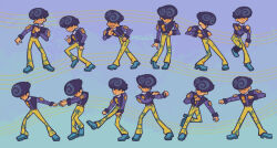 6+boys \m/ afro artist_name blue_boots blue_hair boots closed_eyes dancing highres jojo_no_kimyou_na_bouken jojolion m-eggy multiple_boys pants purple_shirt shirt stuffed_animal stuffed_toy teddy_bear toon_(style) tooru_(jojolion) yellow_pants
