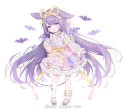 1girl :d angelic_link animal animal_ears asymmetrical_legwear bandaid bandaid_on_knee bandaid_on_leg bat_(animal) character_request convenient_leg dress flower frilled_dress frills full_body grey_shoes hair_ornament hair_ribbon hairclip heart heart_hair_ornament komachi_pochi long_hair long_sleeves official_art open_mouth pink_dress pink_flower pink_rose puffy_long_sleeves puffy_sleeves purple_eyes purple_hair ribbon rose shoe_soles shoes simple_background smile socks solo standing tail very_long_hair white_background white_flower white_rose white_socks x_hair_ornament yellow_flower yellow_ribbon yellow_rose