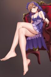 1girl absurdres armchair barefoot bracelet breasts brown_eyes brown_hair chair commentary crossed_legs dress highres jewelry kuuhaku_(pskf2372) looking_at_viewer misaka_mikoto official_alternate_costume on_chair parted_lips purple_dress purple_veil see-through_clothes see-through_dress short_hair small_breasts solo symbol-only_commentary thighs toaru_majutsu_no_index toaru_majutsu_no_index:_new_testament toes veil