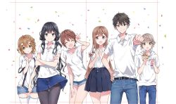 2boys 4girls adagaki_aki clothes_lift fujinomiya_neko futaba_tae highres koiwai_yoshino long_hair looking_at_viewer makabe_masamune masamune-kun_no_revenge multiple_boys multiple_girls open_mouth pantyhose shirt shuri_kojuurou skirt skirt_lift smile thighhighs tiv v