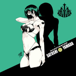 Rule 34 | 1girl, absurdres, arm tattoo, bra, breasts, commentary request, expressionless, frilled panties, frills, highres, layered panties, limited palette, lingerie, mask, medium breasts, mouth mask, navel, original, panties, profile, short hair, tattoo, underwear, yamada satoshi