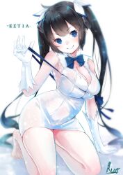 Rule 34 | 1girl, black hair, blue eyes, blue ribbon, breasts, cleavage, commentary request, dress, dungeon ni deai wo motomeru no wa machigatteiru darou ka, gloves, hestia (danmachi), large breasts, long hair, pencil dress, rei no himo, reio reio, revision, ribbon, skindentation, solo, twintails