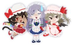 3girls apron bat_wings blue_eyes bow brown_eyes brown_hair cat_tail comedic_sweatdrop commentary cosplay dark-skinned_female dark_skin english_commentary flandre_scarlet flandre_scarlet_(cosplay) grey_eyes grey_hair hand_up hat hat_bow heterochromia highres izayoi_sakuya izayoi_sakuya_(cosplay) maid maid_headdress mob_cap multiple_girls original pink_hat pink_skirt pointy_ears red_eyes red_skirt remilia_scarlet remilia_scarlet_(cosplay) saccharhythm skirt skirt_set socks sweatdrop tail touhou w waist_apron white_hat white_socks wings wrist_cuffs