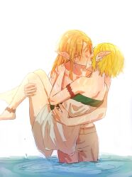 1boy 1girl anklet armlet bare_shoulders barefoot big_egg526 blonde_hair carrying closed_eyes couple dress grey_pants hair_between_eyes hetero highres jewelry kiss link long_hair nintendo pants parted_bangs partially_submerged princess_carry princess_zelda short_hair sidelocks strapless strapless_dress the_legend_of_zelda the_legend_of_zelda:_tears_of_the_kingdom topless_male wet white_background white_dress