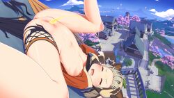 Rule 34 | 1girl, absurdres, anus, breasts, cleft of venus, clitoris, closed eyes, genshin impact, golden shower, grey hair, hadaparuka, highres, navel, nipples, nude, pee, peeing, peeing self, pussy, sayu (genshin impact), spread legs, uncensored