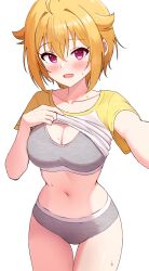 1girl absurdres ahoge blonde_hair blush breasts cleavage clothes_lift collarbone commentary floris_(saber13) grey_sports_bra hair_flaps highres ibuki_tsubasa idolmaster idolmaster_million_live! looking_at_viewer medium_breasts navel no_pants raglan_sleeves red_eyes shirt shirt_lift short_hair simple_background smile solo sports_bra stomach sweat t-shirt white_background