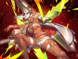 1girl abs arm_up armor armpits belt_bra blonde_hair breasts cape dark_skin dark-skinned_female female_focus grin guilty_gear guilty_gear_xrd hat hat_with_ears huge_weapon katana large_breasts looking_at_viewer melon22 muscular navel ramlethal_valentine revealing_clothes sharp_teeth short_shorts shorts smile solo strapless sword tan teeth thigh_strap toned tube_top underboob weapon yellow_eyes