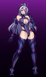 1girl absurdres alternate_breast_size aoi_tabane bare_shoulders boots breasts cleavage cleavage_cutout clothing_cutout commission corruption covered_erect_nipples covered_navel dark_persona elbow_gloves full_body gloves gluteal_fold gradient_background grey_hair hand_on_own_hip harold_japan headgear high_heel_boots high_heels highleg highleg_leotard highres horns impossible_clothes impossible_leotard kampfer kouyoku_senki_exs-tia large_breasts large_variant_set leotard long_hair looking_at_viewer mind_controlled_exs-tia open_mouth purple_background purple_eyes red_eyes senou_natsuru skeb_commission smile solo standing thigh_boots thighhighs variant_set