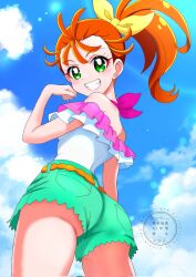 1girl :d ass ass_peek bare_arms bare_legs bare_shoulders belt blue_sky blush bow cloud cloudy_sky commentary cowboy_shot day fingernails frilled_shirt frills from_below green_eyes green_shorts grin hair_bow hair_ornament hand_on_own_cheek hand_on_own_face highres legs_apart lens_flare light_blush long_hair looking_at_viewer looking_down momotarouooi multicolored_shirt natsuumi_manatsu non-circular_lens_flare off-shoulder_shirt off_shoulder open_mouth orange_belt orange_hair pink_shirt pocket ponytail precure shirt shirt_tucked_in shorts side_ponytail sky smile solo standing teeth tropical-rouge!_precure twitter_username two-tone_shirt watermark white_shirt yellow_bow