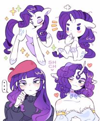 ... 2girls ;) animal animal_ears bare_shoulders beret black_eyes blush breasts closed_mouth collarbone colored_skin commentary creature_and_personification curly_hair cutie_mark diamond_(shape) dress english_commentary eyeshadow frown gold_choker hand_on_own_cheek hand_on_own_face hand_up hat highres hooves horns horse_ears horse_girl long_hair long_sleeves makeup medium_breasts medium_hair mole mole_under_eye multiple_girls multiple_persona my_little_pony my_little_pony:_friendship_is_magic nail_polish notice_lines official_alternate_costume official_alternate_hairstyle one_eye_closed open_mouth personification portrait puffy_long_sleeves puffy_sleeves purple_eyeshadow purple_hair purple_nails rarity_(my_little_pony) red_hat sharpycharot simple_background single_horn smile spoken_ellipsis strapless strapless_dress sweater turtleneck turtleneck_sweater unicorn unicorn_girl white_background white_dress white_skin