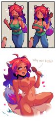 ! ... 1boy 1girl ahoge animal_ear_fluff animal_ears arm_under_breasts belt blue_pants blush breasts chicken_(food) cleavage comic completely_nude dark-skinned_female dark_skin eating english_text faceless faceless_male food fox_ears fox_girl fox_tail girl_on_top grass green_shirt hands_on_another&#039;s_waist heart hetero highres holding holding_food interracial kalia3see long_hair looking_at_viewer navel nipples nude open_mouth pants penis pussy red_eyes red_hair reverse_cowgirl_position saliva saliva_trail sex shirt speech_bubble straddling sweat tail terraria tongue tongue_out uncensored vaginal white_background zoologist_(terraria)