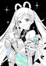 1girl absurdres blush braid braided_hair_rings commentary_request ddal earrings greyscale hair_ornament hair_rings hatsune_miku highres iridescent jewelry long_hair looking_at_viewer magical_mirai_(vocaloid) magical_mirai_miku magical_mirai_miku_(2025) monochrome off_shoulder open_mouth single_earring solo spot_color star_(symbol) star_hair_ornament twintails upper_body very_long_hair vocaloid