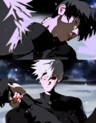 Rule 34 | 2boys, alien stage, black hair, black nails, black sclera, black shirt, blood, blood on hands, bloody tears, colored sclera, commentary, crying, death, empty eyes, english commentary, grey eyes, highres, ivan (alien stage), multiple boys, nosebleed, red eyes, shirt, till (alien stage), tokyo ghoul, uchiha i arts