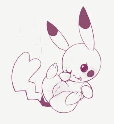1girl animal_focus animal_sexualization blush_stickers cleft_of_venus female_focus full_body gen_1_pokemon grey_background greyscale happy kekitopu legs_up lying monochrome nintendo on_back one_eye_closed open_mouth pikachu pokemon pokemon_(creature) pussy simple_background sketch smile solo spread_legs uncensored