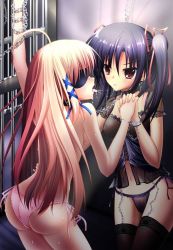 Rule 34 | 2girls, ahoge, bdsm, black eyes, black hair, black panties, blindfold, blonde hair, bondage, bound, chain, character request, collar, copyright request, cuffs, eryrun, garter belt, garter straps, highres, long hair, multiple girls, nipples, panties, pink panties, prison, saliva, see-through clothes, shackles, source request, thighhighs, tongue, tongue out, twintails, underwear, very long hair, yuri