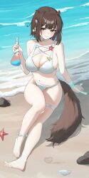 1girl absurdres animal_ears arknights arm_support beach bikini blush breasts brown_eyes brown_hair brown_tail cleavage closed_mouth commentary commentary_request feet happy05x highres holding large_breasts legs looking_at_viewer ocean official_alternate_costume on_ground otter_ears otter_girl otter_tail outdoors roberta_(arknights) roberta_(summer_flowers)_(arknights) seashell shell short_hair sitting smile solo starfish swimsuit tail thighs toenails toes white_bikini
