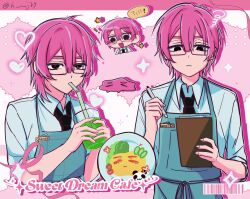 Rule 34 | !, 1other, alien stage, apron, barcode, black eyes, black necktie, blue apron, blush stickers, clipboard, collared shirt, commentary, cosplay, cucumber, cucumber slice, cup, drinking, drinking straw, english text, food, glasses, heart, highres, holding, holding clipboard, holding cup, holding pen, ivan (alien stage), ivan (alien stage) (cosplay), k uj89, multiple views, necktie, omelet, panda, pen, pink hair, plate, rectangular eyewear, red pupils, safety pin, semi-rimless eyewear, shirt, short hair, signature, sparkle, symbol-only commentary, tomato, white shirt