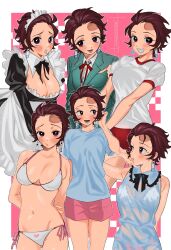 1girl absurdres bikini blue_dress blue_shirt breasts burn_scar buruma cleavage cleavage_cutout clothing_cutout commentary_request contemporary dress earrings genderswap genderswap_(mtf) grape_gogo green_jacket gym_uniform hanafuda_earrings highres jacket jewelry kamado_tanjirou kimetsu_no_yaiba large_breasts maid maid_headdress open_mouth pink_hair raised_inner_eyebrows red_buruma russian_commentary scar scar_on_face scar_on_forehead school_uniform shirt short_hair short_shorts shorts side-tie_bikini_bottom simple_background smile swimsuit t-shirt white_bikini