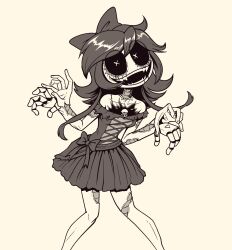 1girl android bare_legs bare_shoulders black_bow black_dress black_hair black_sclera bow collarbone colored_sclera commentary crazy_smile cross-laced_clothes cross-laced_dress cyn_(murder_drones) double-parted_bangs dress dress_bow english_commentary extra_hands face_filter feet_out_of_frame fingerless_gloves flat_color glitch_productions gloves gooseworx hair_bow hair_tie highres humanoid_robot legs_apart long_hair looking_at_viewer low-tied_long_hair mechabare mechanical_hands murder_drones off-shoulder_dress off_shoulder open_mouth robot sharp_teeth simple_background skirt smile stitches symbol-shaped_pupils teeth torn_clothes torn_skirt x_x yellow_background