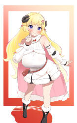 1girl animal_ears blush breasts candy_hair_ornament cape curled_horns dress finger_to_mouth food-themed_hair_ornament fur-trimmed_dress fur-trimmed_sleeves fur_trim hair_ornament highres hololive horns kani_bonara large_breasts looking_at_viewer pink_cape ribbed_sleeves sheep_ears sheep_girl sheep_horns solo thighs tsunomaki_watame tsunomaki_watame_(1st_costume) virtual_youtuber wool