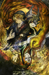 1boy 4girls blonde_hair blue_eyes brown_hair dual_persona gloves hat helmet highres holding holding_sword holding_weapon ilia link long_hair maeka_(kumaekake) midna midna_(true) multiple_girls nintendo pointy_ears princess_zelda red_hair robe smile spoilers sword the_legend_of_zelda the_legend_of_zelda:_twilight_princess tiara weapon wolf_link