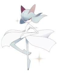 closed_eyes colored_skin gen_3_pokemon green_hair green_skin hair_over_one_eye horns kirlia multicolored_skin narumiya_pkmn nintendo pokemon pokemon_(creature) sidelocks signature simple_background smile sparkle two-tone_skin white_background white_skin