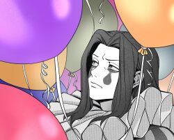 Rule 34 | 1boy, ace attorney, ace attorney investigations, ace attorney investigations 2: prosecutor&#039;s gambit, balloon, chapssal 17, clown, facepaint, facial mark, highres, long hair, male focus, neck ruff, profile, sarushiro souta, solo, spot color, teardrop facial mark