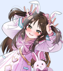 Rule 34 | 1girl, absurdres, animal bag, arms up, blush, bow, bowtie, brown hair, dress, dutch angle, fella (vpffk0731), fingernails, highres, idolmaster, idolmaster cinderella girls, idolmaster cinderella girls starlight stage, long hair, looking at viewer, nervous smile, official alternate costume, pink bow, pink bowtie, pink dress, rabbit bag, simple background, smile, solo, tachibana arisu, two side up, very long hair