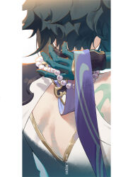 Rule 34 | 1boy, arm tattoo, back cutout, bead necklace, beads, black hair, blue gloves, blue hair, close-up, clothing cutout, from behind, genshin impact, gloves, jewelry, male focus, multicolored hair, necklace, rj (lingshih10), simple background, solo, tattoo, twitter username, upper body, white background, xiao (genshin impact)