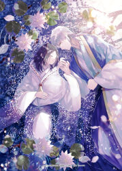 1boy 1girl afloat black_hair blue_hakama blue_jacket capelet closed_eyes copyright_notice cover cover_page earrings falling_leaves falling_petals feet_out_of_frame flower from_above frown hakama hand_on_own_stomach highres holding_hands itsuka_kamisamadatta_hi. jacket japanese_clothes jewelry kimono layered_sleeves leaf lily_pad long_sleeves looking_at_another lying medium_hair neck_tassel official_art on_back on_side parted_bangs parted_lips petals petals_on_liquid pink_flower pink_petals profile reflection reflective_water ribbon-trimmed_capelet ribbon_trim ripples seigaiha seikai_meguru shallow_water sunlight tassel tassel_earrings tears tree water water_lily_flower white_capelet white_hair white_kimono wide_sleeves yellow_eyes