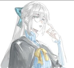 Rule 34 | 1girl, aoku mire, blue eyes, bow, fate/grand order, fate (series), glasses, hair between eyes, hair bow, long hair, morgan le fay (fate), morgan le fay (pop up attire) (fate), ponytail, simple background, solo, white background
