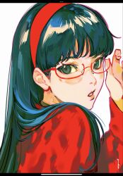 1girl amagi_yukiko black_hair commentary eyelashes glasses hairband highres long_hair looking_at_viewer persona persona_4 red-framed_eyewear red_hairband signature solo symbol-only_commentary yuuyuyuraru
