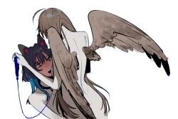 2girls animal_ears blue_eyes blue_hair blush brown_hair caos cat_ears collar commentary completely_nude fang feathered_wings holding holding_leash hololive hololive_english leash long_hair multicolored_hair multiple_girls nanashi_mumei nervous_sweating nude open_mouth ouro_kronii simple_background skin_fang sweat symbol-only_commentary two-tone_hair virtual_youtuber white_background wings wolf_cut yuri